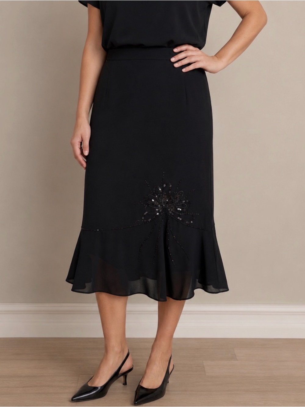 ❤️ Beaded detail ruffle hem midi skirt